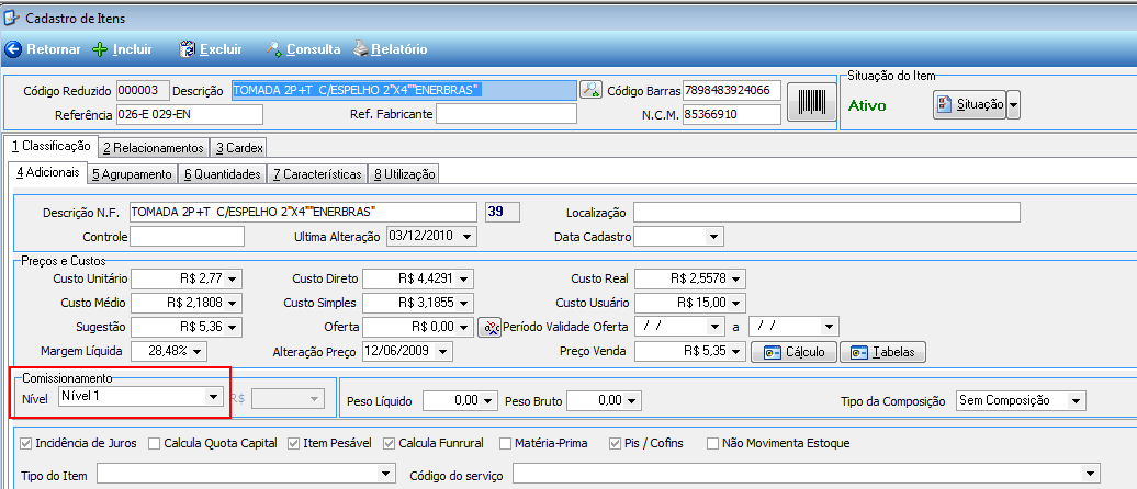 Figura 5 Menu do cadastro de itens. Figura 6 Campo para nível de comissão do item. 2.