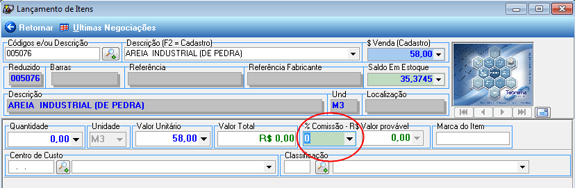 Figura 7 Menu dos "Códigos de Operação". Figura 8 Operação para comissão. 2.5 LANÇAMENTO DE ITENS No lançamento de itens informe a porcentagem (%) da comissão do item, indicação da Figura 9.