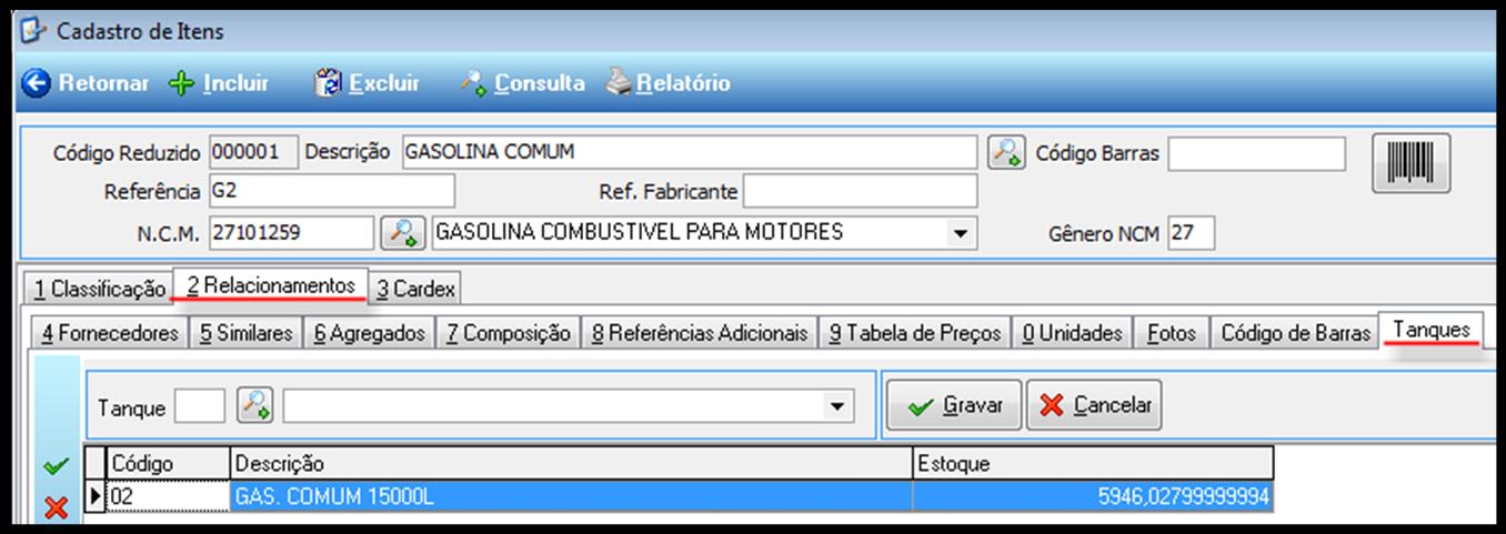 Figura 15 Cadastro de item. Incluir o tanque que armazena o item na aba Relacionamentos em Tanques, Figura 16. Indicando que item está em qual tanque.