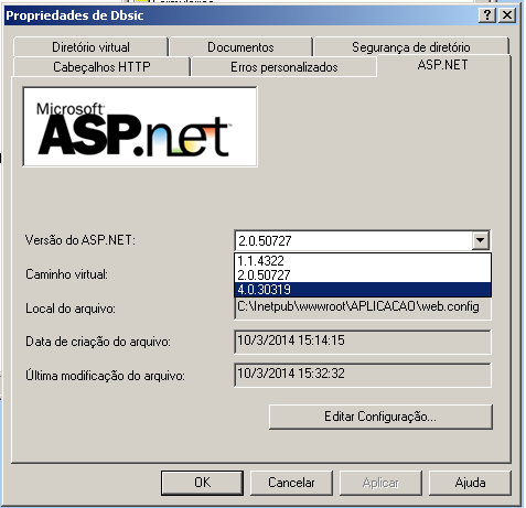 Selecionar a opção Propriedade (figura 49). Figura 49 Selecionar a aba ASPNET Caso no campo Versão do ASP.