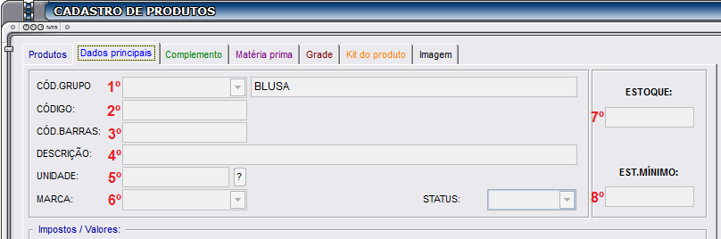 : Permite realizar entradas rápidas de estoque no item selecionado. (Atalho F6) : Permite acesso rápido ao cadastro de marcas.