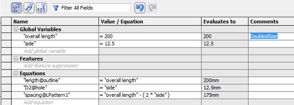 Equações 2. Na árvore de projeto do FeatureManager, clique com o botão direito na pasta Equações e clique em Gerenciar equações. A caixa de diálogo Equações é aberta. 3. Selecione a Equações Vista. 4.