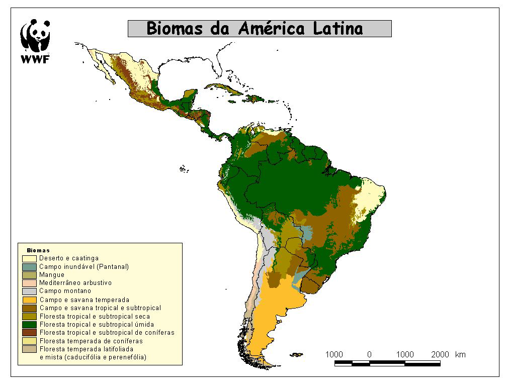 Figura 5- Mapa de Biomas da América Latina. Fonte: WWF Brasil 9. Difusão do Atlas para as escolas do Brasil e América do Sul Este Atlas será publicada em uma versão em portugu~es e outra em espanhol.