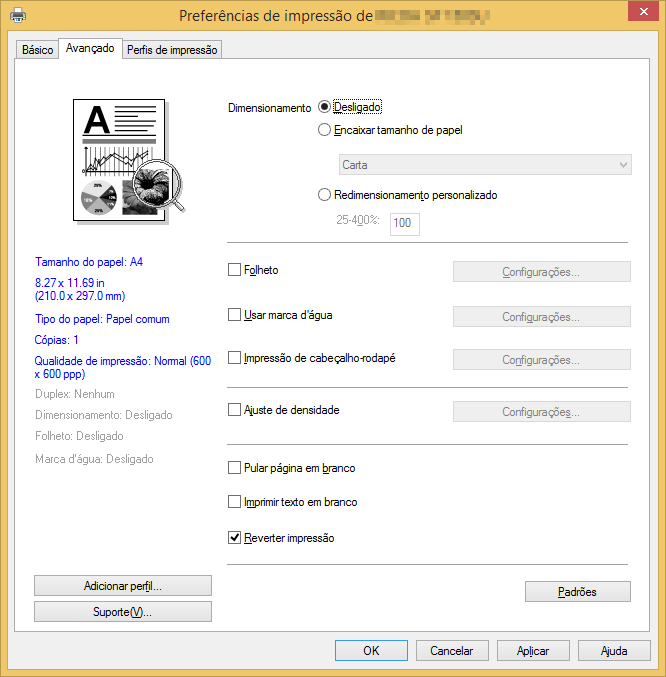 Guia Avançado Você pode clicar nas opções abaixo para alterar as configurações correspondentes: Dimensionamento Folheto Usar marca d'água Impressão de cabeçalho-rodapé Ajuste de densidade Pular