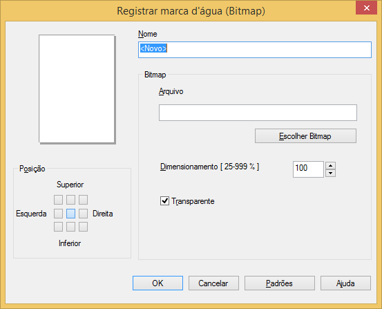 7. Drivers Registrar marca d'água (Bitmap) Nome Bitmap Digite um título apropriado na caixa de texto. Selecione o nome do arquivo de imagem necessário.
