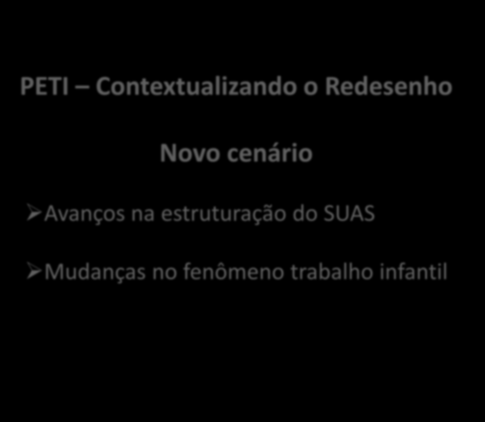 PETI Contextualizando o Redesenho Novo cenário Avanços na