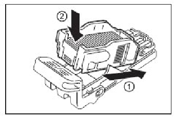 Como carregar grampos no Grampeador automático Aperte ambos os lados do estojo de grampos vazio com seus dedos e remova-o do cartucho.