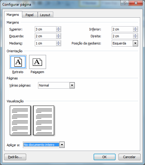 96 Nesta janela configure: Margens: Visualização: aplicar no documento inteiro.