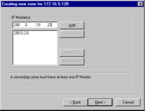 Figura 12 - Definindo os Servidores Masters do Domínio Direto Secundário- Windows 2000 A última tela do Wizard solicita a confirmação dos dados fornecidos para a criação do novo domínio.