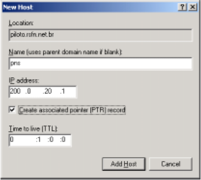 Figura 13 - Criando um Registro do Tipo A Windows 2000 Na tela New Host, preencha os campos Name e IP address.