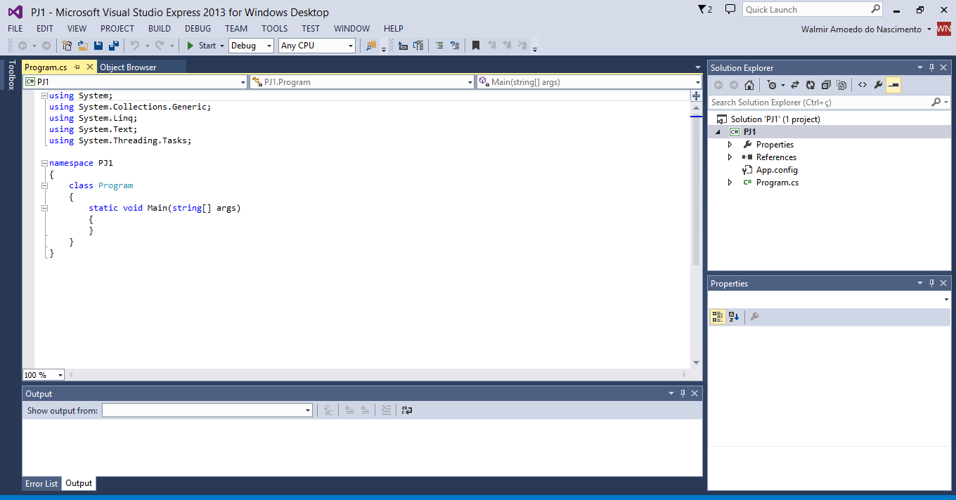 O Visual Studio cria o projeto com um código básico sobre o qual você trabalhará. Seu código entrará aqui Note o painel Solution Explorer. Ele exibe os nomes dos arquivos associados ao projeto.