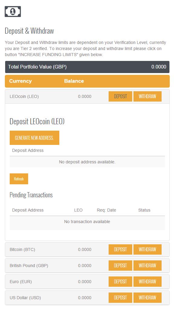 2. A seção de Depósito & Retirada é exibida no lado direito da tela do financiamento. Clique no botão DEPÓSITO ao lado da moeda CRIPTO que você deseja depositar.