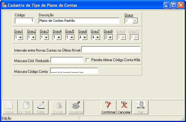 Máscara código conta : deve ser configurada com os caracteres underline e ponto de acordo com a formatação do código das contas. 3.2 Históricos - CTB_CadHistorico.