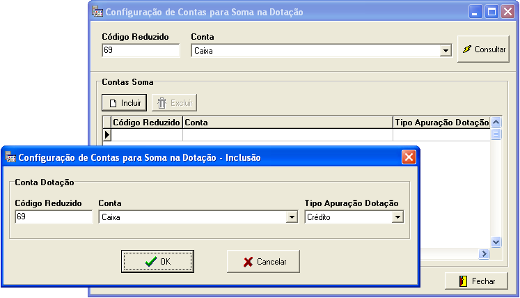 3.14 Configuração de contas para soma na dotação - CTB_CadContaSomaDotacao.dll Utilizado para definir quando na dotação uma conta tem em seu total orçado várias contas.