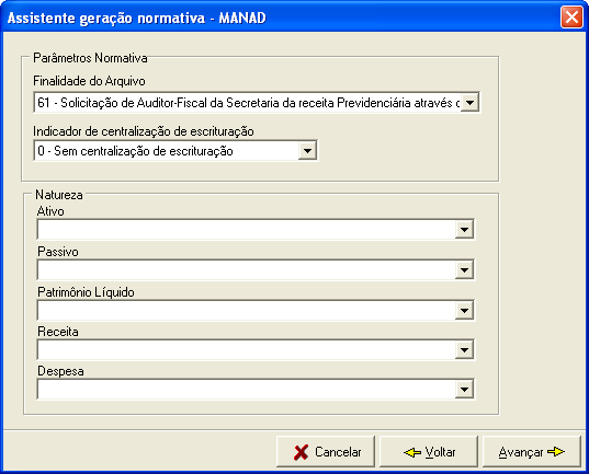 Para a geração do arquivo é preciso que seja informado o Período Mês/Ano (inicial e final) e se deverá ser gerado arquivo somente com os saldos.