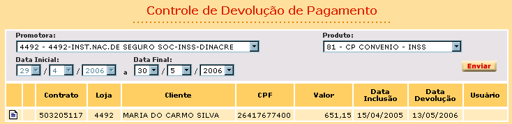 Após a seleção de um determinado contrato exibido na lista acima, aparecerá na tela a informação Vínculo concluído.