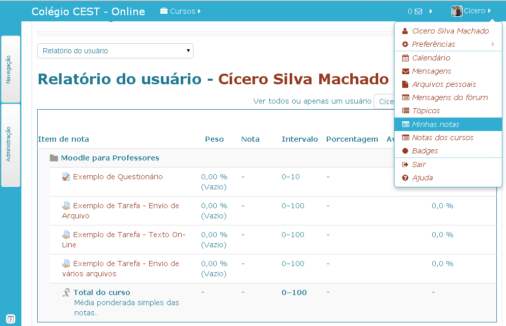 Notas: Em qualquer momento do curso você poderá visualizar suas notas. Há atividades em que o resultado é processado na hora, outras são manualmente, pois exigem a correção do professor.