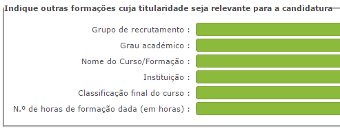 Após selecionar o(s) grupo(s) de recrutamento para os quais possui Qualificação Profissional, Habilitação Própria e/ou Outras Formações, deve indicar respetivamente: Imagem 6 Qualificação