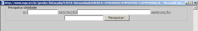 Item selecionado e) Para o código que refere ao Setor/Departamento do Órgão/Entidade selecionado anteriormente, será aberta a tela abaixo.