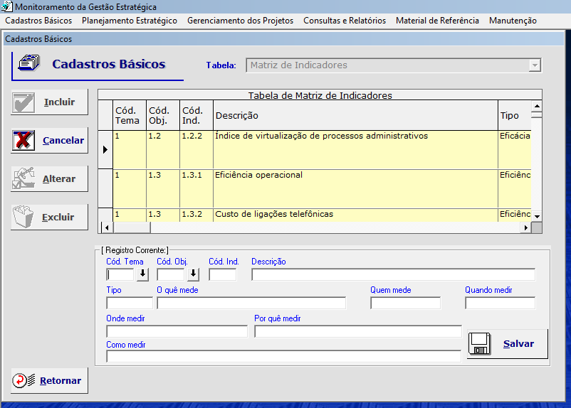 Tela de Cadastros Básicos (Inclusão) Digite as informações do novo Indicador nos campos correspondentes e pressione o botão Salvar.