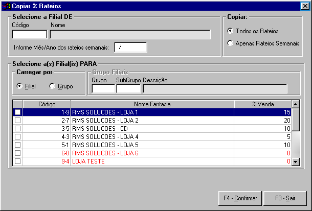 Tela para opção de gravar os rateios semanais: Opção F9 a partir da tela principal; Informada por filial Permite que seja copiado o percentual já cadastrado de um mês anterior para um novo mês (