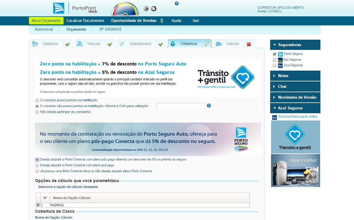 Novo Corretor Online Porto Print Web Automóvel Cliente deseja adquirir um plano pós pago, Corretor
