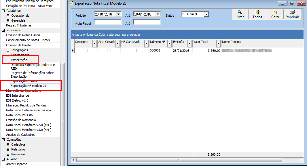 Figura 4 - Documento de Saída Para exportar os arquivos com as Notas Fiscal modelo 21 foi criado nova janela no modulo "Faturamento" item do menu "Exportação" -> "Exportação NF modelo 21", conforme