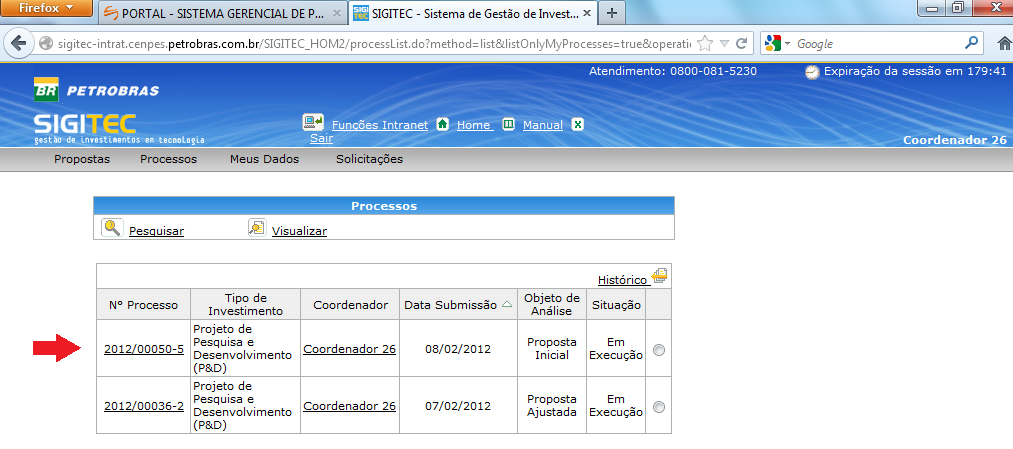 O prjet desejad deverá ser selecinad em uma lista que cntempla s prjets sb a respnsabilidade d Crdenadr.