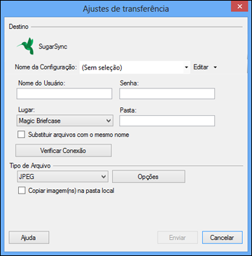 Você verá uma janela como esta: Observação: Se já tiver configurado uma conta do SugarSync no Easy Photo Scan, você pode selecionar o Nome da Configuração ou o Nome do destino para a conta e clicar