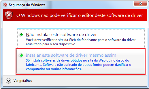 Figura 3 - Selecione a pasta do driver O sistema operacional irá localizar o driver para a instalação. O Windows 7 tem habilitado por padrão a assinatura digital de driver.