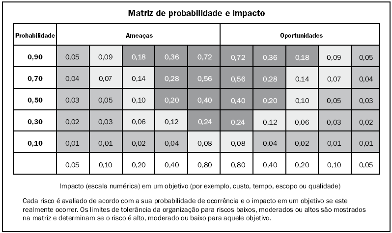 Realizar a Análise Qualitativa dos Riscos :: TÉCNICAS E FERRAMENTAS Matriz de Probabilidade e Impacto Essa matriz especifica as combinações de probabilidade e impacto que levam à classificação dos