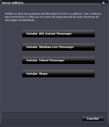 Uso do software Iniciar utilitário para iniciar um bate-papo com vídeo É possível adicionar vídeo ao vivo aos aplicativos de mensagens instantâneas mais populares (é exigida conexão ISP): AOL Instant