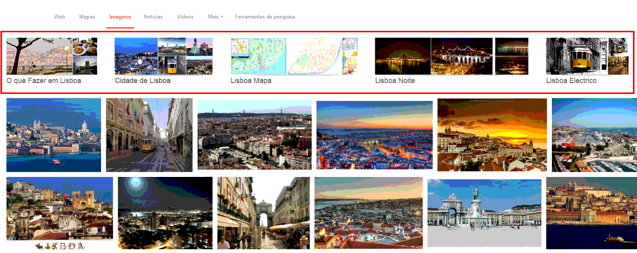 Figura 3 - Imagens sobre Lisboa e sugestão de pesquisa por outros termos. Aviso!