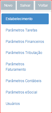 Ao salvar será habilitado o menu lateral com as opções: Parâmetros financeiros, parâmetros