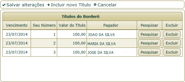 GR SistemadeCobrança Beneficiário Selecionando um borderô e clicando no botão Editar, será possível visualizar os dados do Borderô, excluir títulos e Incluir novo Título.