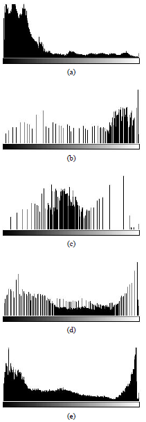 Capítulo 2. Processamento de imagens 17 Figura 6 Exemplos de diferentes histogramas de imagens Fonte: Gonzalez e Woods (2002, p.