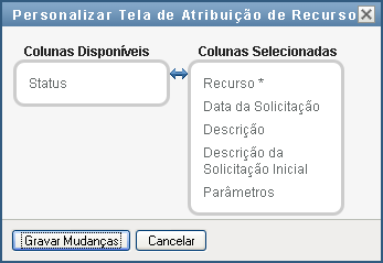 O Aplicativo de Usuário exibe a lista de colunas selecionadas para exibição, e a lista de colunas adicionais disponíveis para seleção.