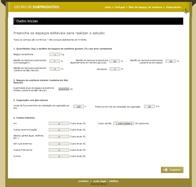 6.6. Sistema Gestão de Subprodutos Na Figura 11 apresenta-se a janela dos Dados iniciais do sistema da Gestão de Subprodutos. Figura 11. Janela para introdução dos dados iniciais correspondentes à gestão de subprodutos.