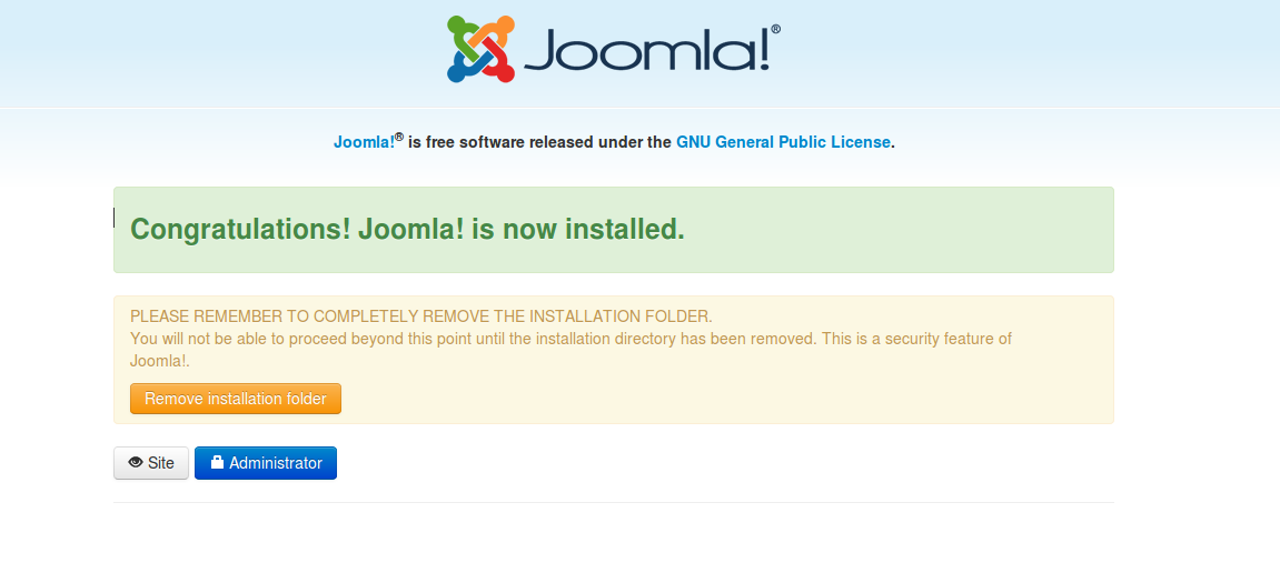 Figura 5- Resumo das configurações e geração de conteúdo de exemplo Ao clicar em instalar, o Joomla gera o arquivo de configuração necessário para o funcionamento do site.