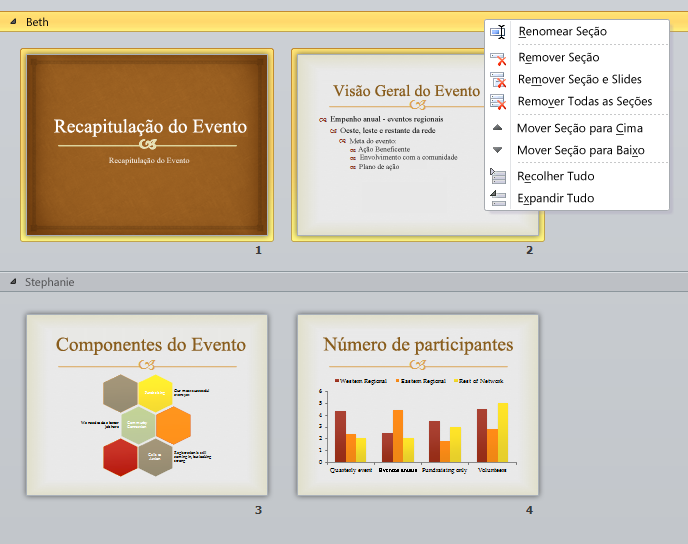 Seções de apresentação Novo! Como as apresentações podem conter dezenas de slides, a organização e o gerenciamento deles podem se tornar um grande desafio.