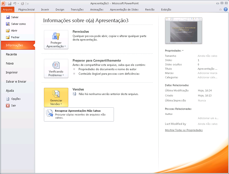 Recuperação de versões não salvas Novo! Todos nós já fizemos isso alguma vez. Você trabalha durante um tempo, elabora o conteúdo certo e então fecha a apresentação sem salvá-la.