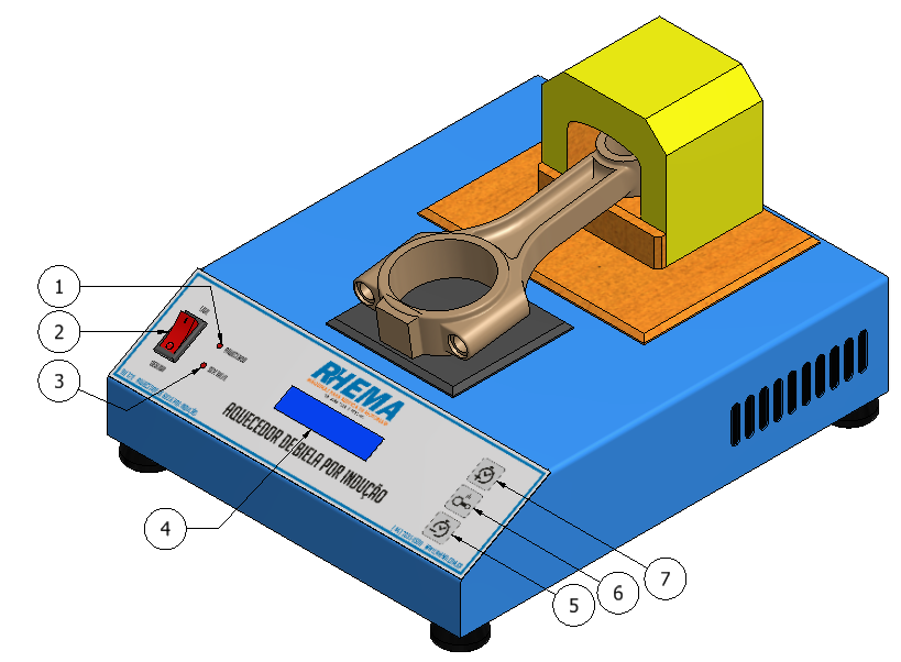 1.4- Comandos da máquina - Figura 2 1 Led AQUECENDO: Indica a presença da biela que será aquecida. 2 Chave elétrica: Liga e desliga os comandos da máquina. 3 Led SEM BIELA: Indica a ausência da biela.