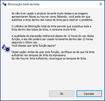 Você verá uma janela como esta: 3. Siga as instruções na tela. 4. Depois de fazer a descarga potente da tinta, desligue o produto e espere pelo menos 12 horas antes de ligá-lo novamente. 5.