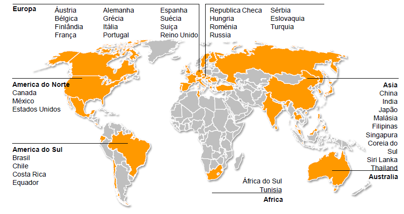 Figura 9 - Locais de Presença da Continental AG (Continental AG, 2011) Atualmente, como se pode evidenciar na Figura 9, o grupo está presente nos 5 continentes, em 37 países e implementado em 194