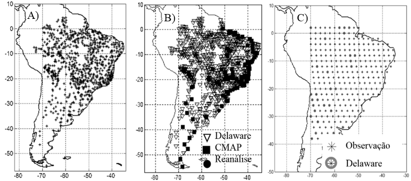 Figura 1. Localização e disposição espacial dos dados da precipitação na América do Sul.