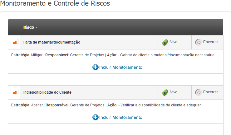 51 Figura 22: Planejamento de Respostas aos Riscos 3.3.6 Monitoramento e Controle Fornece um controle sobre o monitoramento dos riscos identificados no projeto.