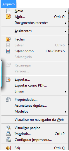 MENUS DO WORD / WRITER É muito importante o estudo dos menus do Word / Writer, memorize as opções do menu principal e de seus submenus.