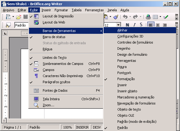 II. BARRA DE FERRAMENTAS O BrOffice.org Writer possui barras de ferramentas práticas para tornar rápida a escolha de muitos comandos utilizados com freqüência.