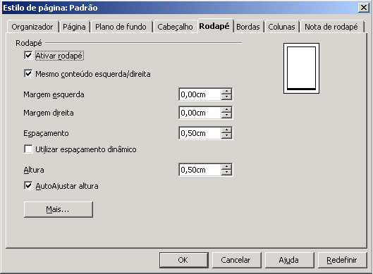 3. Rodapés Escolha no menu Formatar > Página a guia Rodapé. Para ativar este recurso selecione a opção Ativar rodapé.