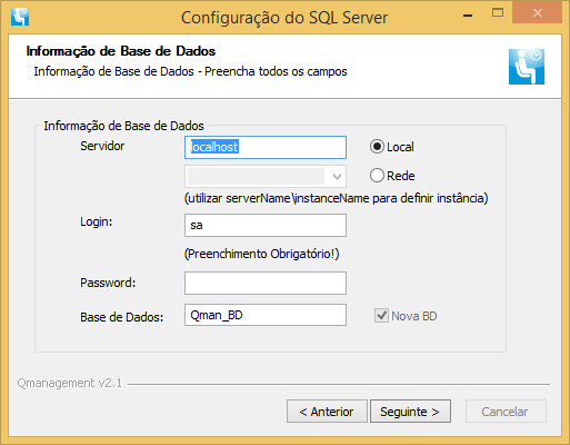 8º Configuração da ligação do software à base de dados e clicar em Instalar; Ilustração 8 Janela para configuração do SQL Servidor: pode ser local ou em rede, dependendo se está instalado na mesma